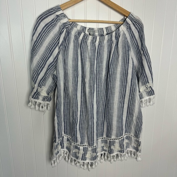John Mark Top XL Linen Floral Stripes Embroidered Tassels Casual Coastal - Picture 2 of 10